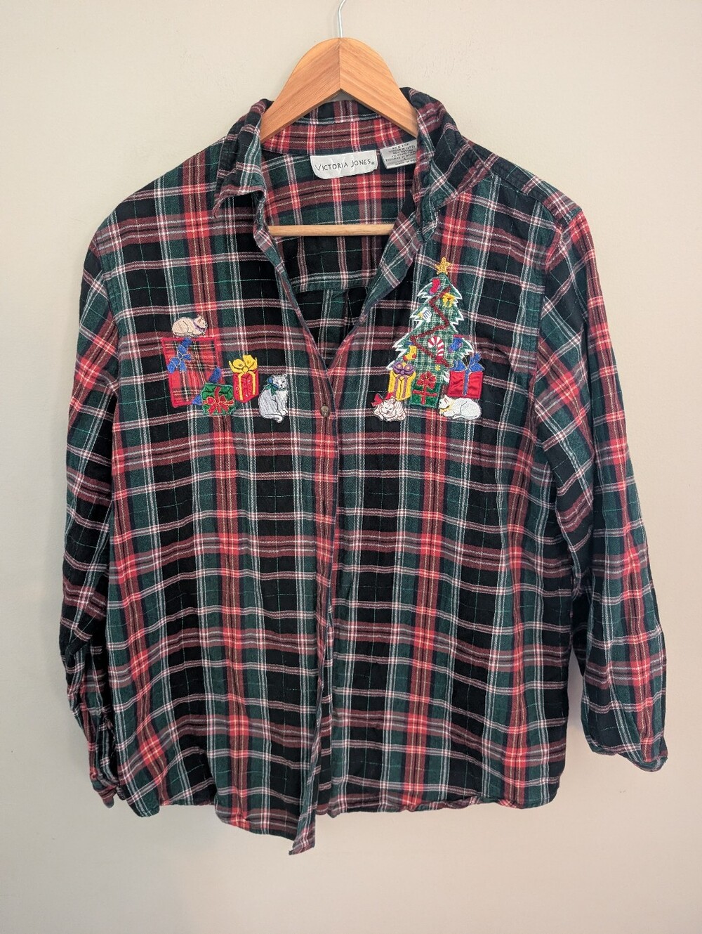 Victoria Jones Cat Plaid Red Christmas Button Down Shirt Size L Vintage